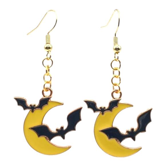 Bat and Moon Earrings | Spooky Celestial Halloween Jewelry - Picture 1 of 4